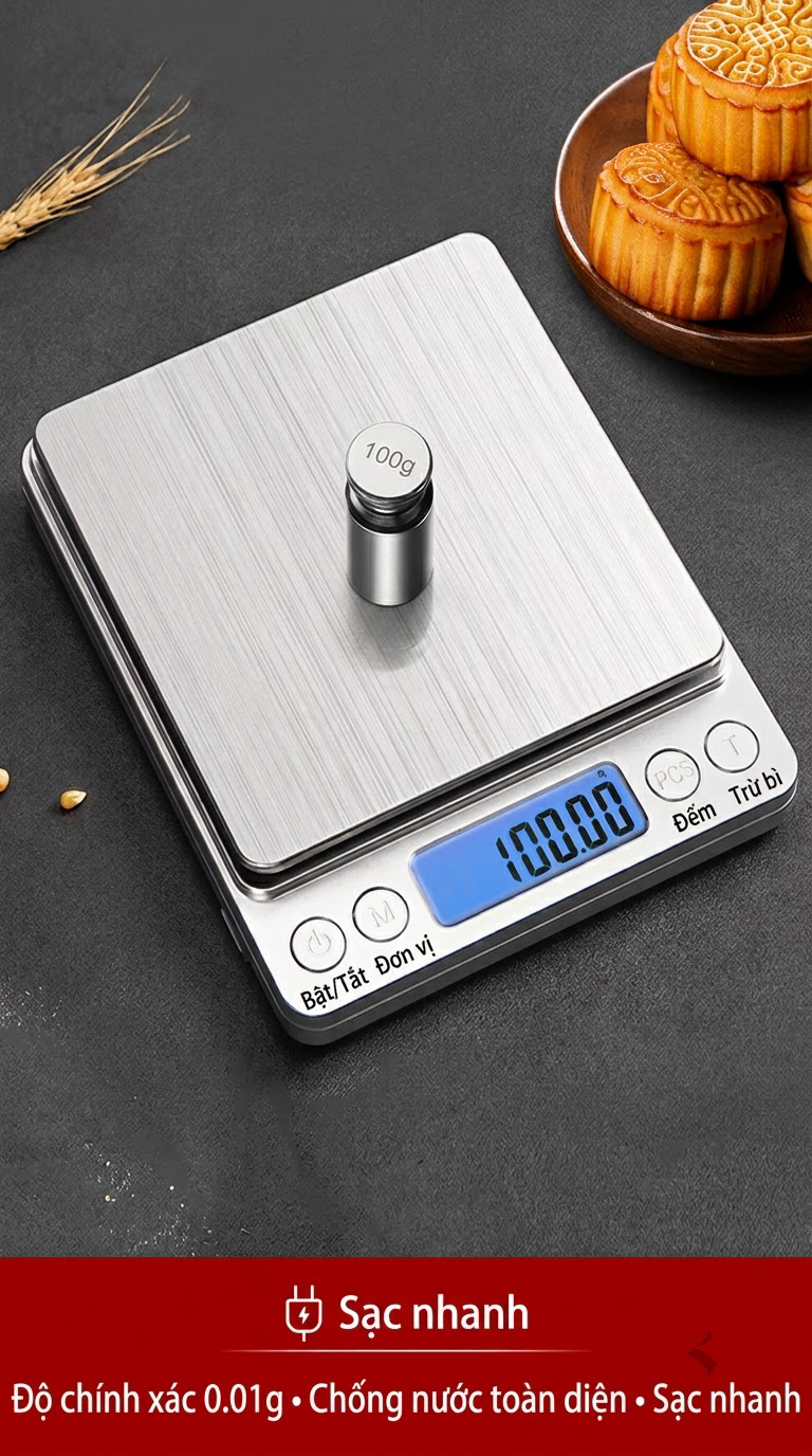 Cân Tiểu Ly Điện Tử Mini 3kg/0.1g Mặt Inox – Cân Định Lượng Men Gốm, Hóa Chất, Làm Bánh