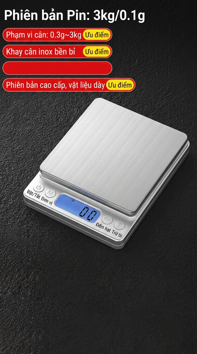 Cân Tiểu Ly Điện Tử Mini 3kg/0.1g Mặt Inox – Cân Định Lượng Men Gốm, Hóa Chất, Làm Bánh