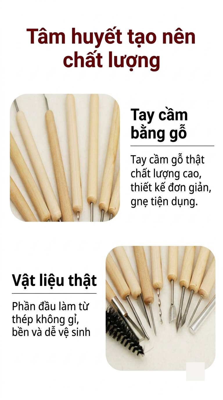 Bộ dụng cụ điêu khắc đất sét 11 chi tiết cán gỗ làm gốm chuyên nghiệp